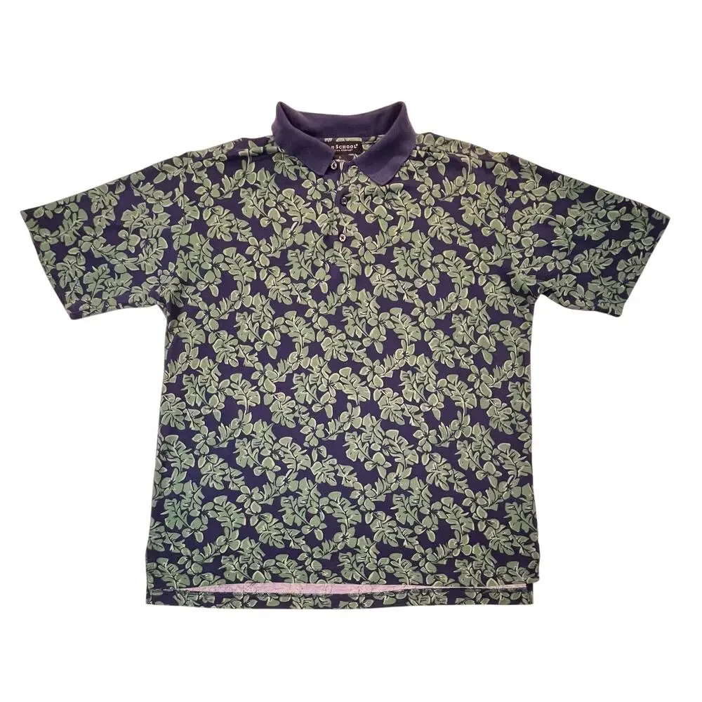Vintage Old School Mens XL Silk Cotton Tropical Floral Polo Shirt Hawaiian 90s